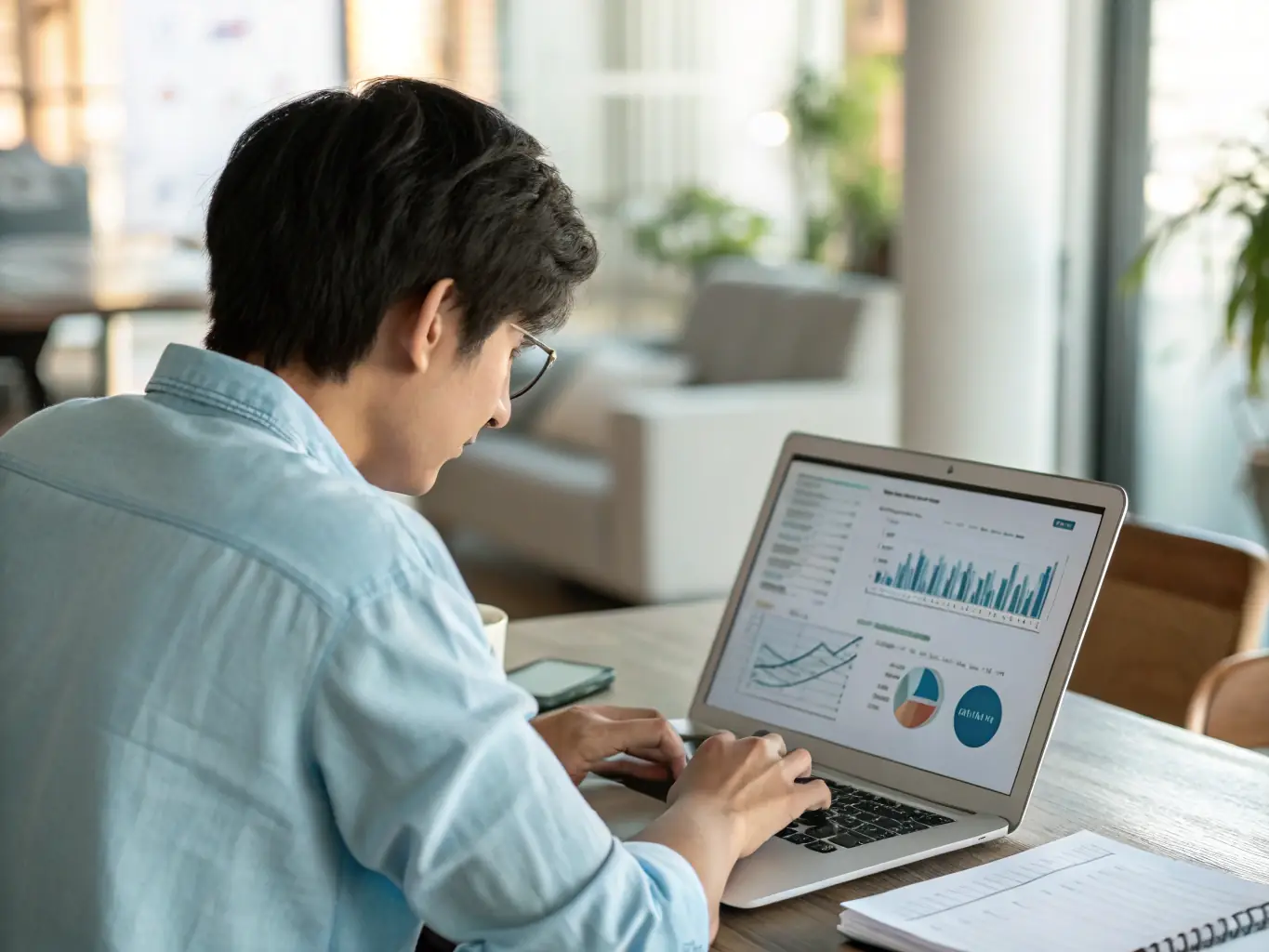 A person working on a laptop, participating in an online business growth program, with charts and graphs visible on the screen.