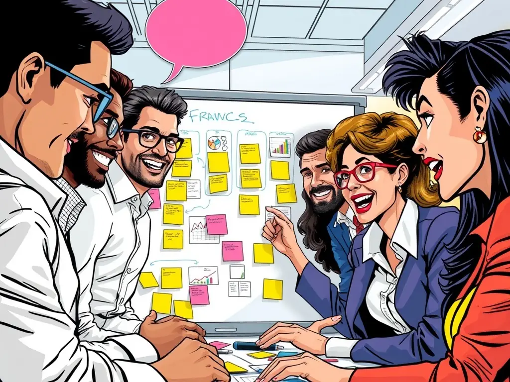 A diverse group of professionals participating in an interactive business workshop, actively engaged in a brainstorming session.