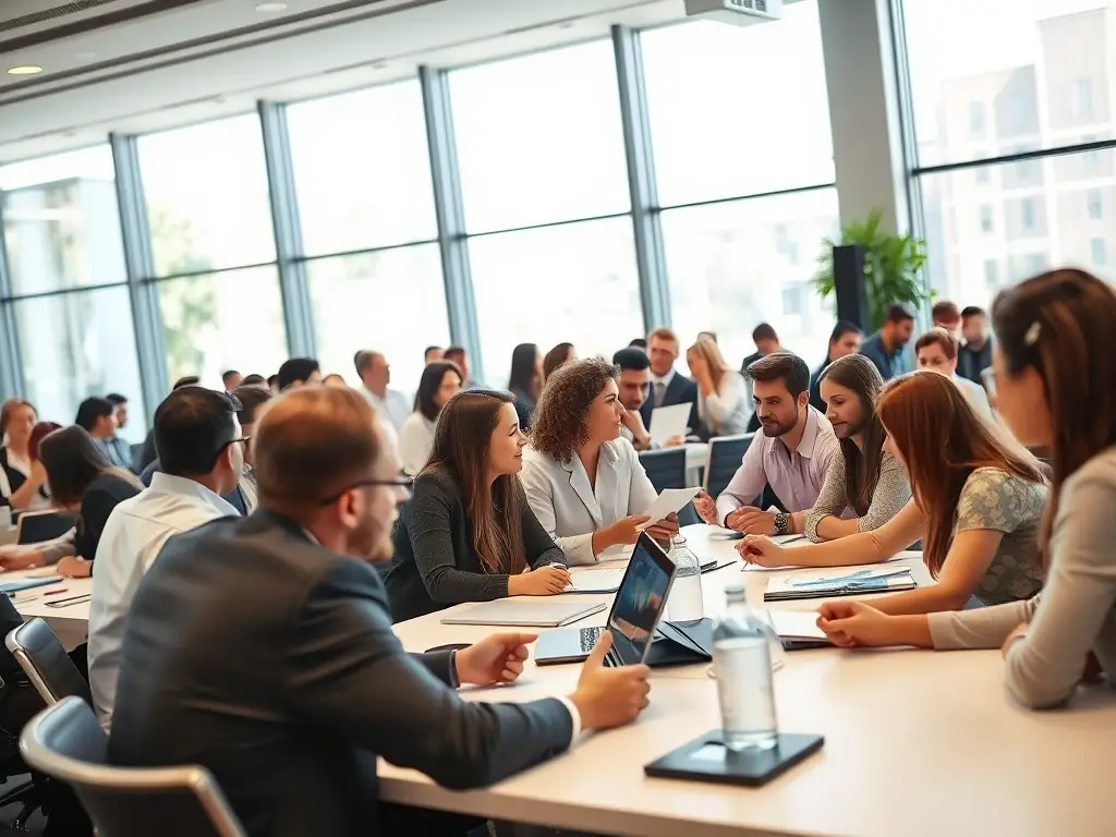 A lively workshop setting with participants engaging in discussions and activities led by a coach, representing interactive group workshops.