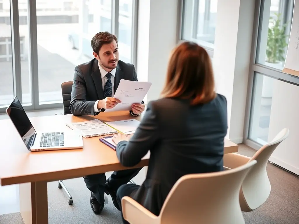 A professional business coach in a modern office setting, reviewing strategic plans with a client, both smiling and engaged in a positive discussion.