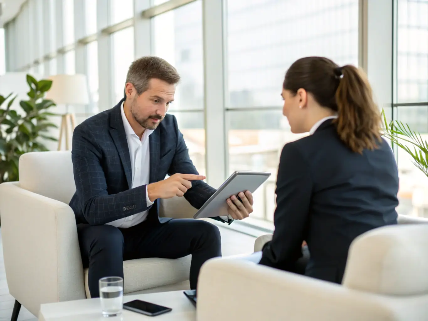 An image of a coach and client engaged in a focused one-on-one session, with notes and a laptop on the table, symbolizing personalized business coaching.